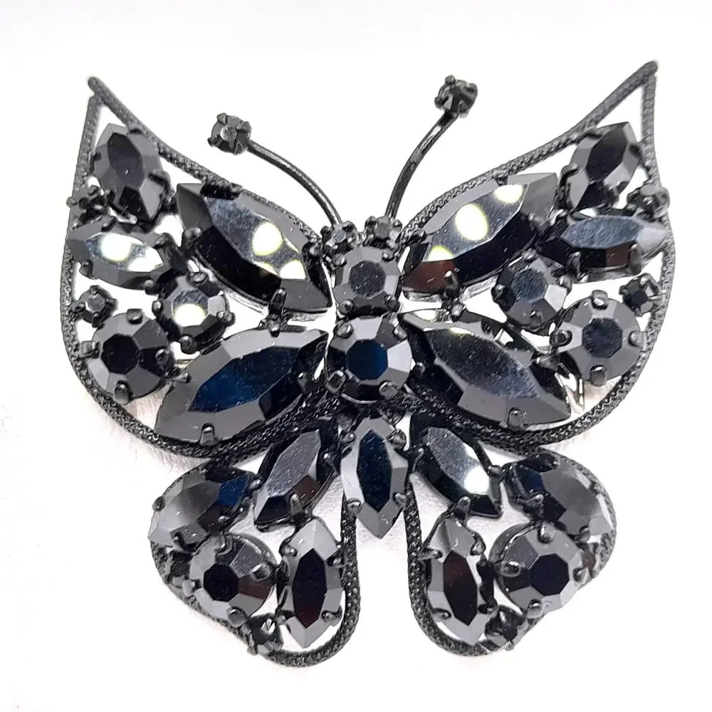 Vintage Butterfly Brooch, Japanned Black Enamel, Made in Austria, 1950s